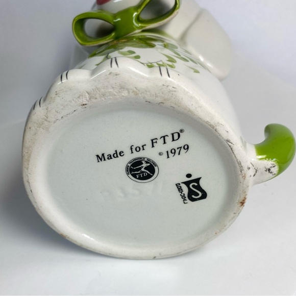 Puppy Dog Figurine Vase Planter Ceramic White Green Vintage Portugal P3571 6" - Picture 5 of 8